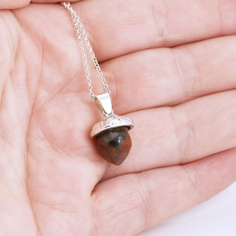 Hand carved red agate gemstone acorn with sterling silver cap - Nature inspired necklace