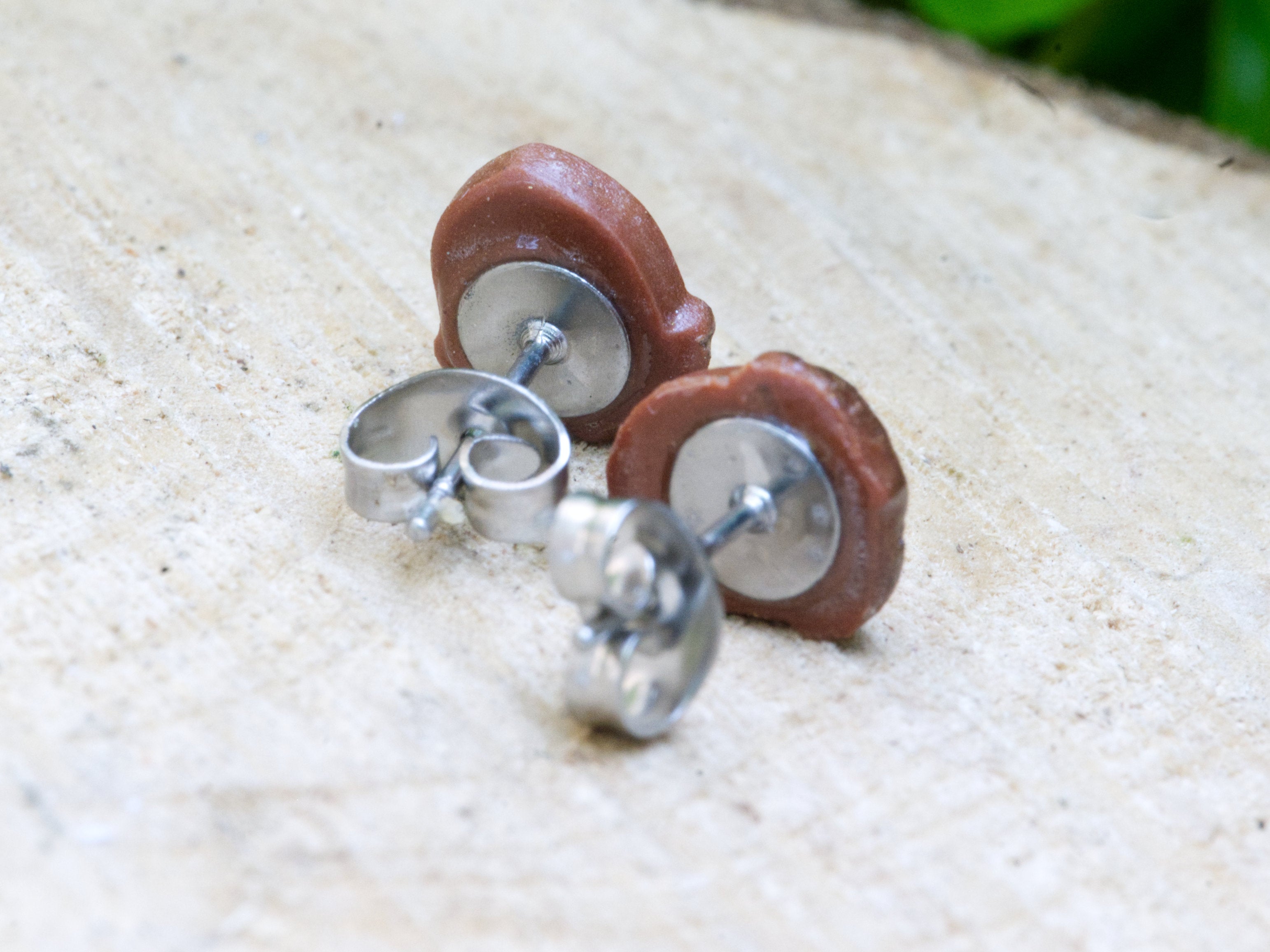316 grade surgical steel earring post and butterfly back on brown polymer clay acorn stud