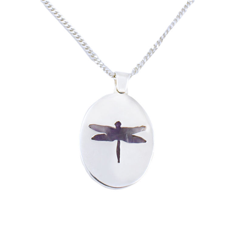 Purple Amethyst Gemstone Cabochon pendant necklace | Sterling Silver setting with Dragonfly detail on back