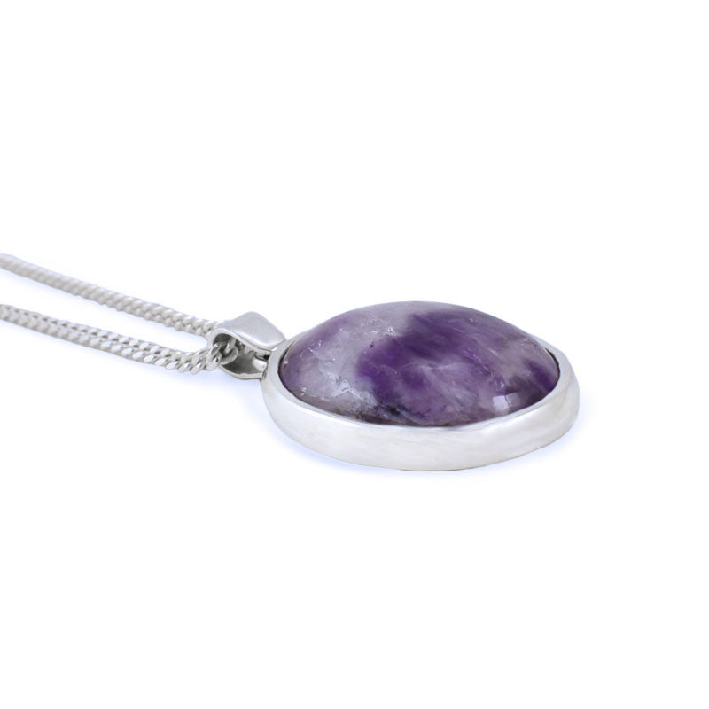 Purple Amethyst Gemstone Cabochon pendant necklace | Sterling Silver setting with Dragonfly detail on back