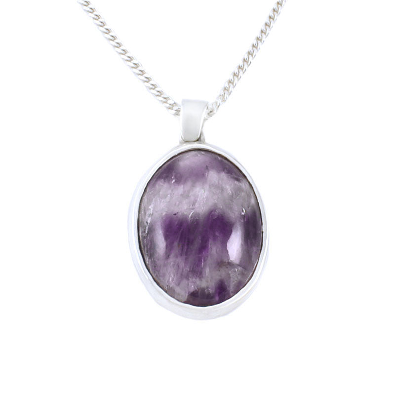 Purple Amethyst Gemstone Cabochon pendant necklace | Sterling Silver setting with Dragonfly detail on back