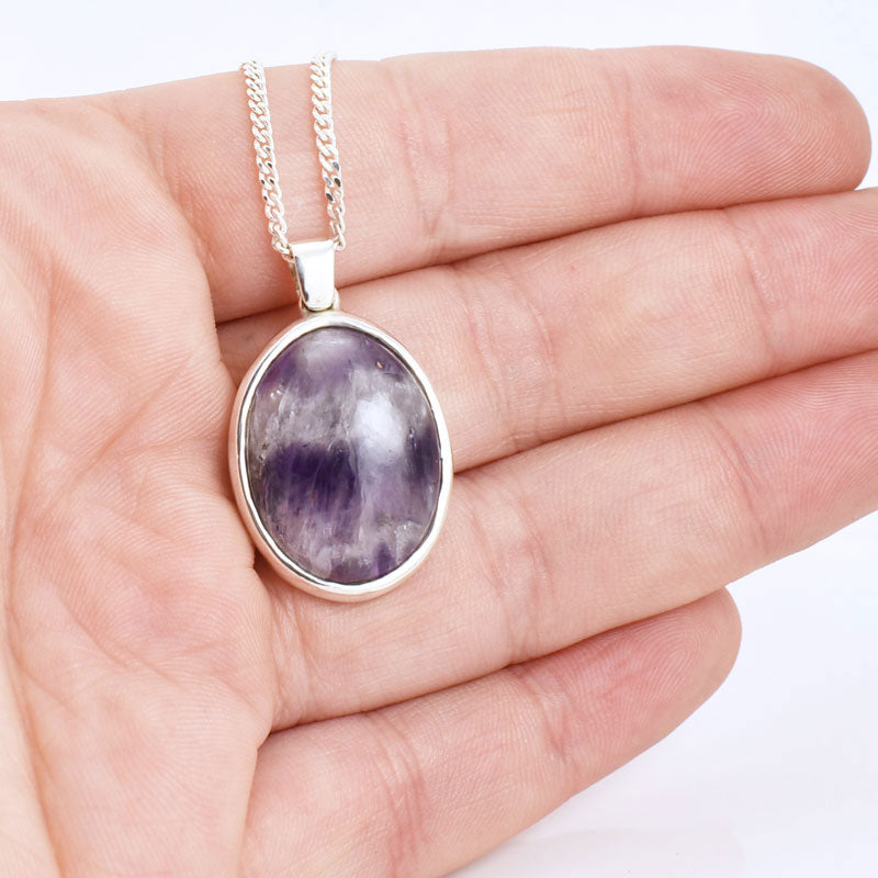 Purple Amethyst Gemstone Cabochon pendant necklace | Sterling Silver setting with Dragonfly detail on back