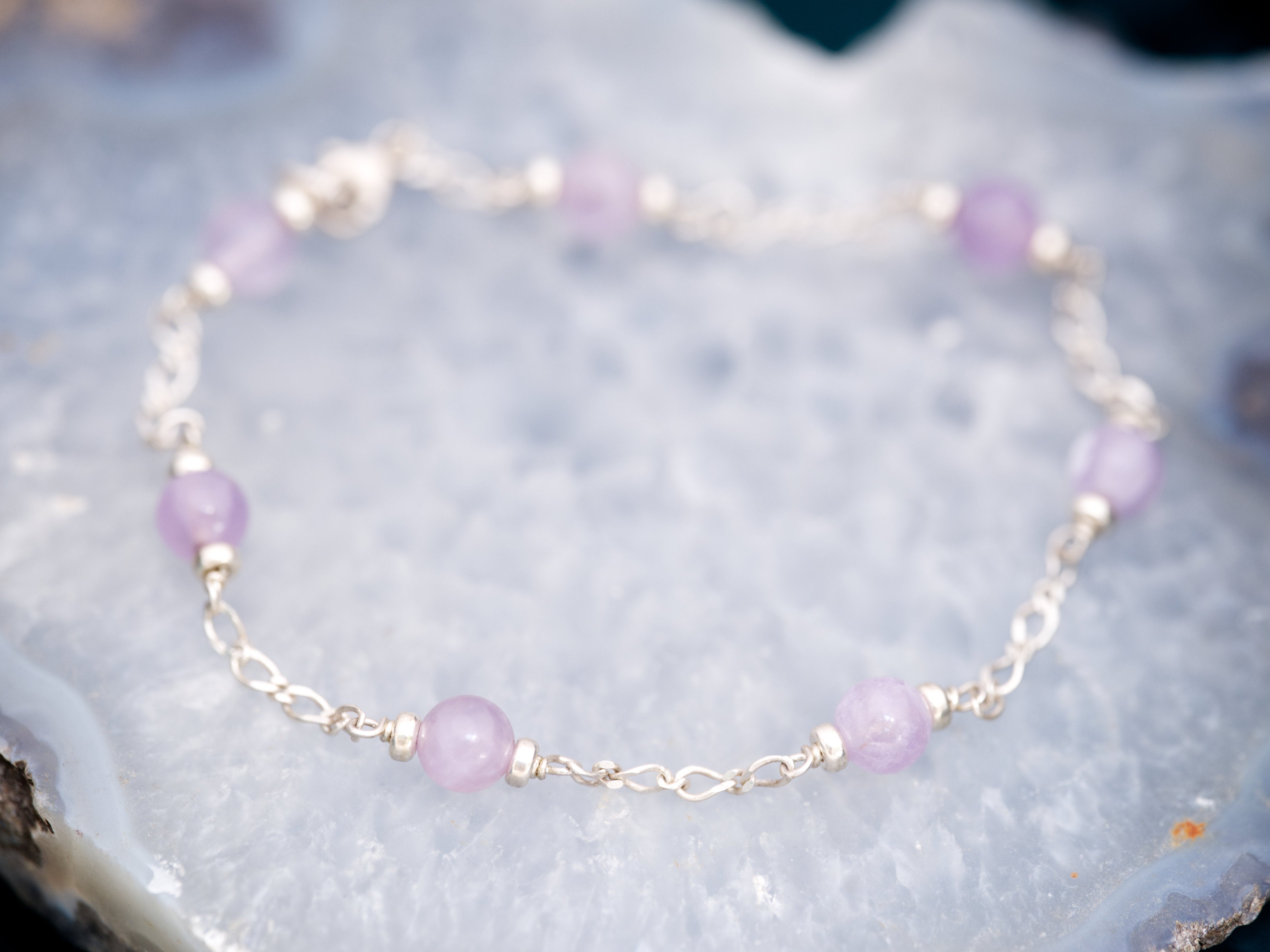 Amethyst Bead Bracelet — Sterling Silver 8.5 Inch
