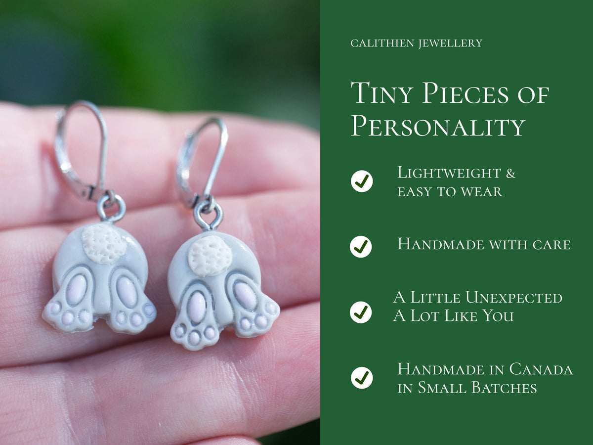 Product information graphic highlighting features of the handmade bunny butt leverback earrings
