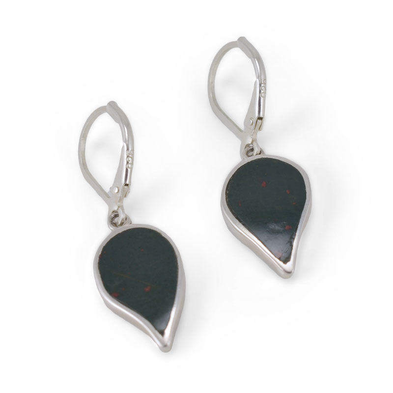Handmade Bloodstone Inlay Leaf Earrings - Artisan Crafted Sterling Silver Jewellery