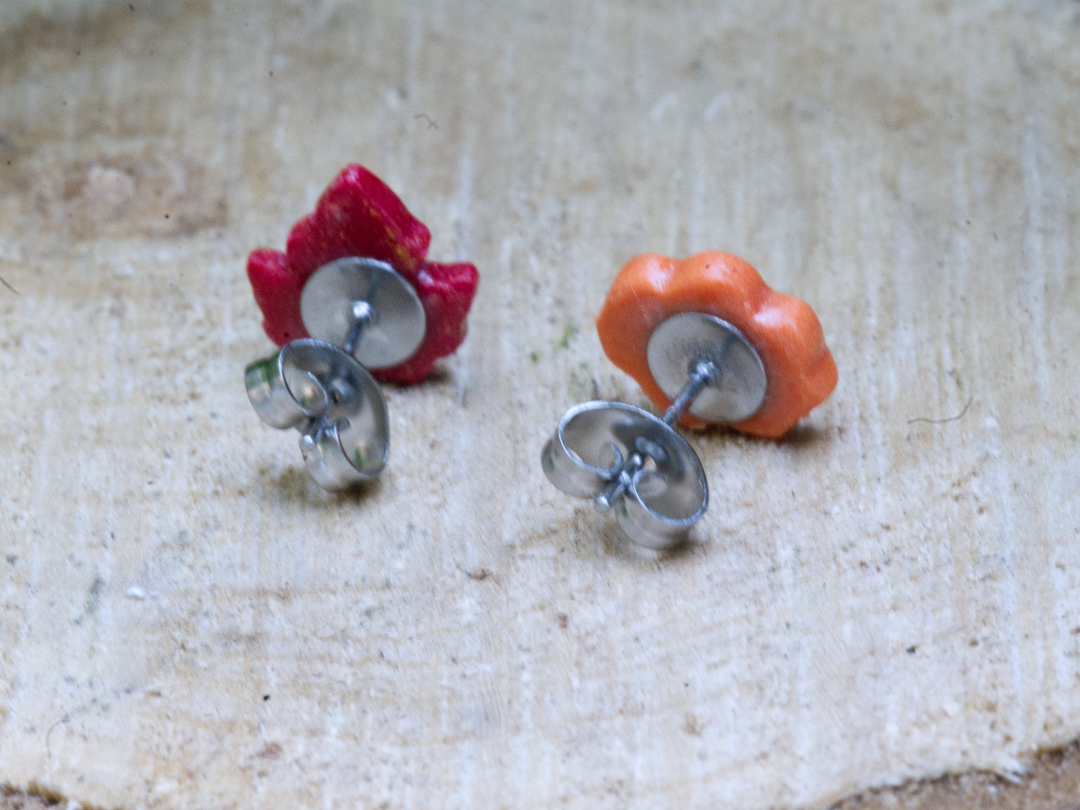 316 grade surgical steel earring posts and butterfly backs on mismatched leaf stud earrings