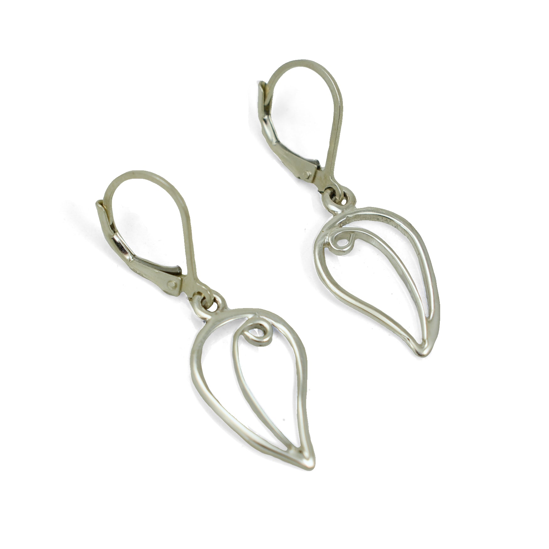 Handmade sterling silver leaf drop earrings with central swirl