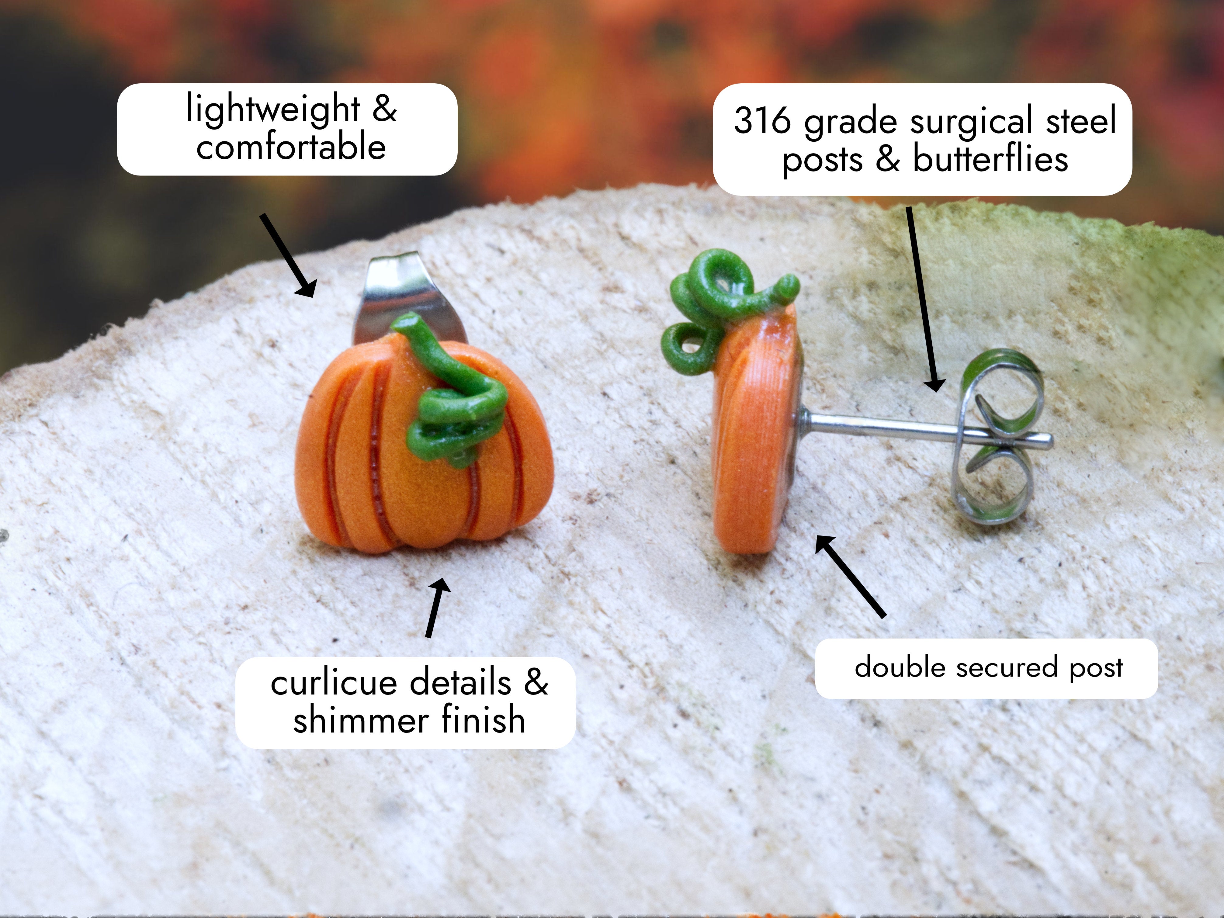 Orange polymer clay pumpkin stud earrings with shimmer and green curly stems, shown from the front and side to highlight their shape, size and lightweight design.