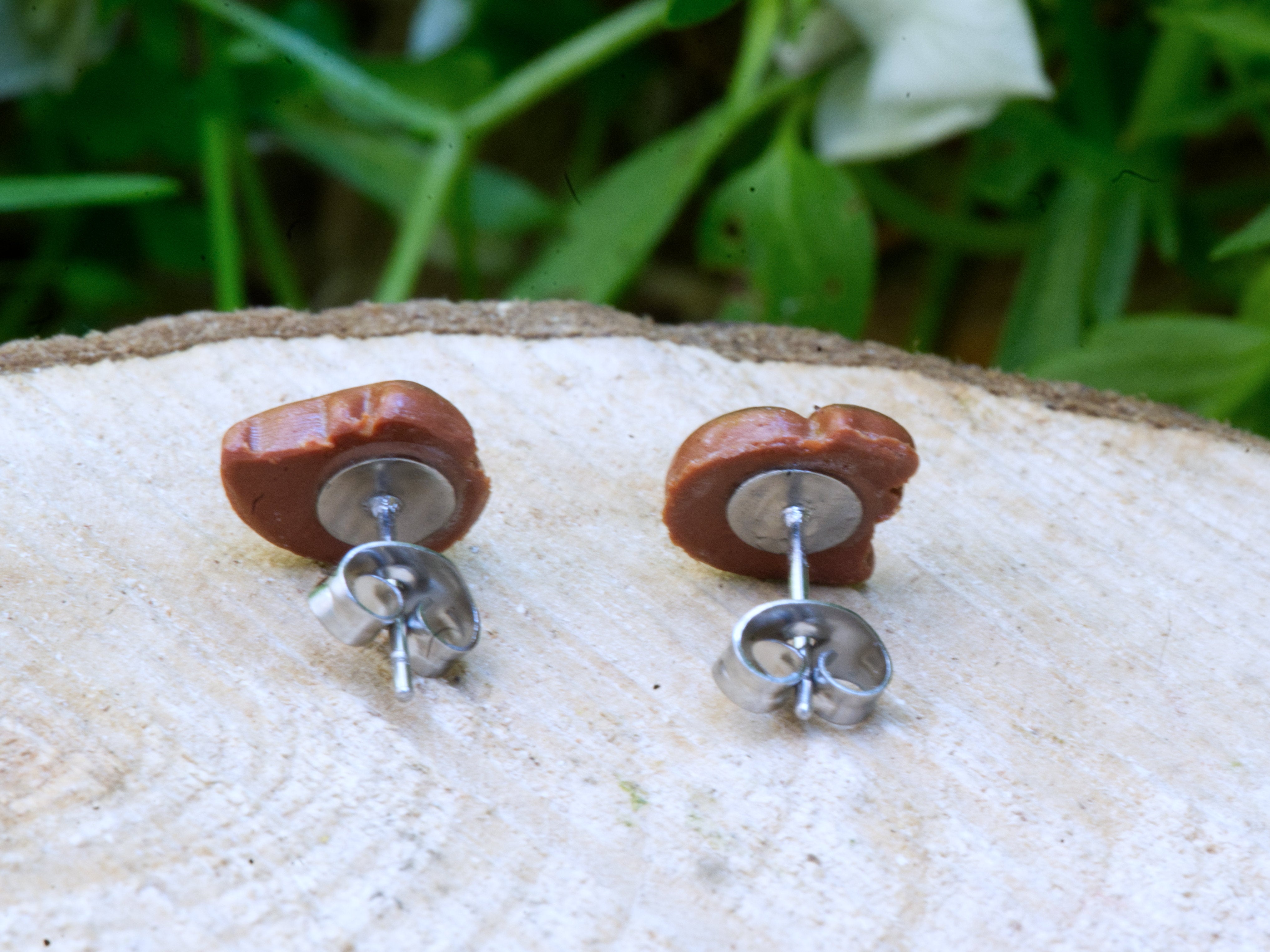 316 grade surgical steel earring post and butterfly back on brown polymer clay squirrel stud