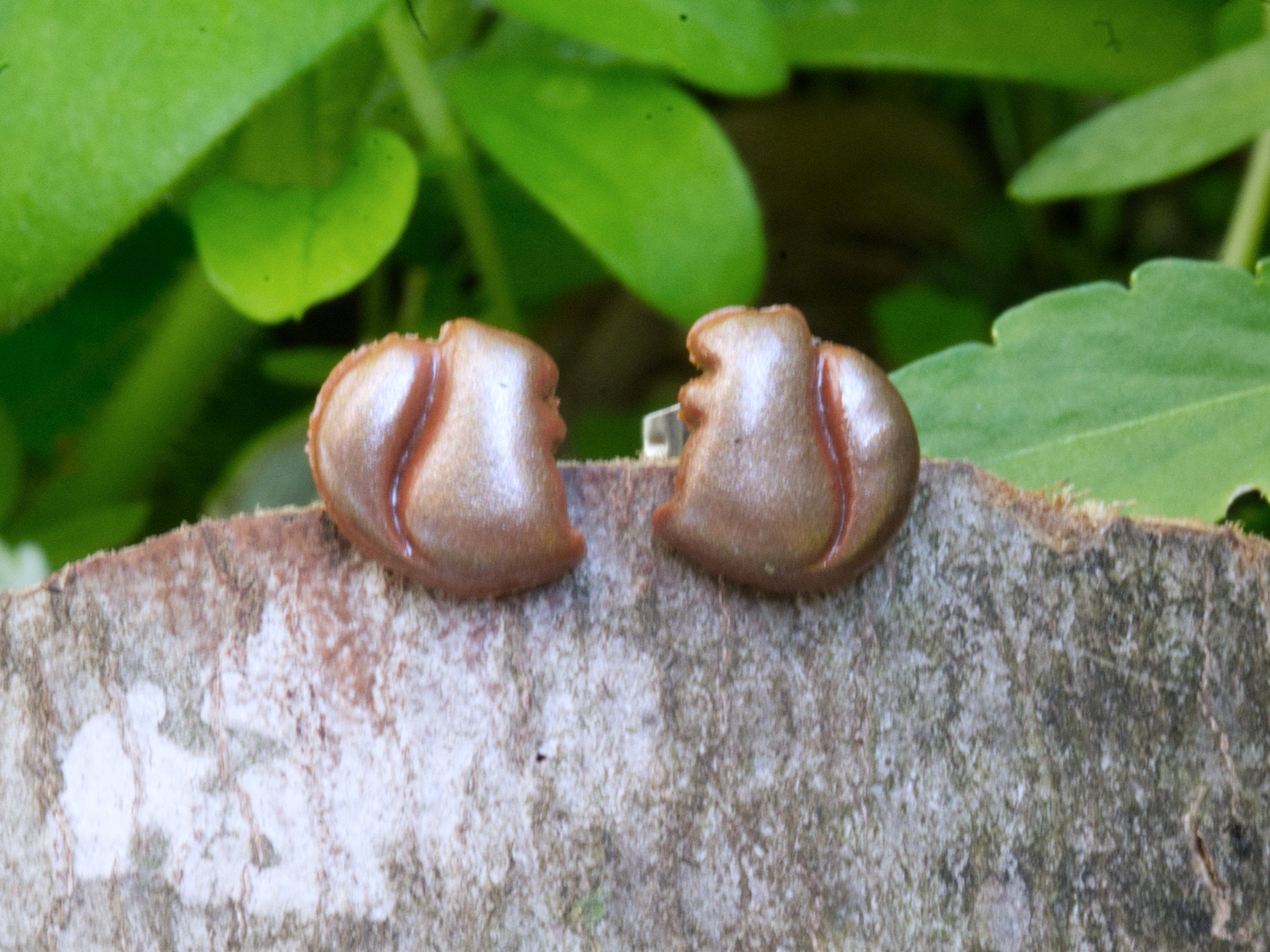 Handmade brown polymer clay squirrel stud earrings perched on natural bark surface with green garden foliage background