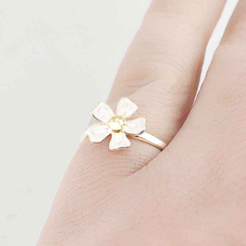 Sterling silver strawberry flower ring with 10k yellow gold accent