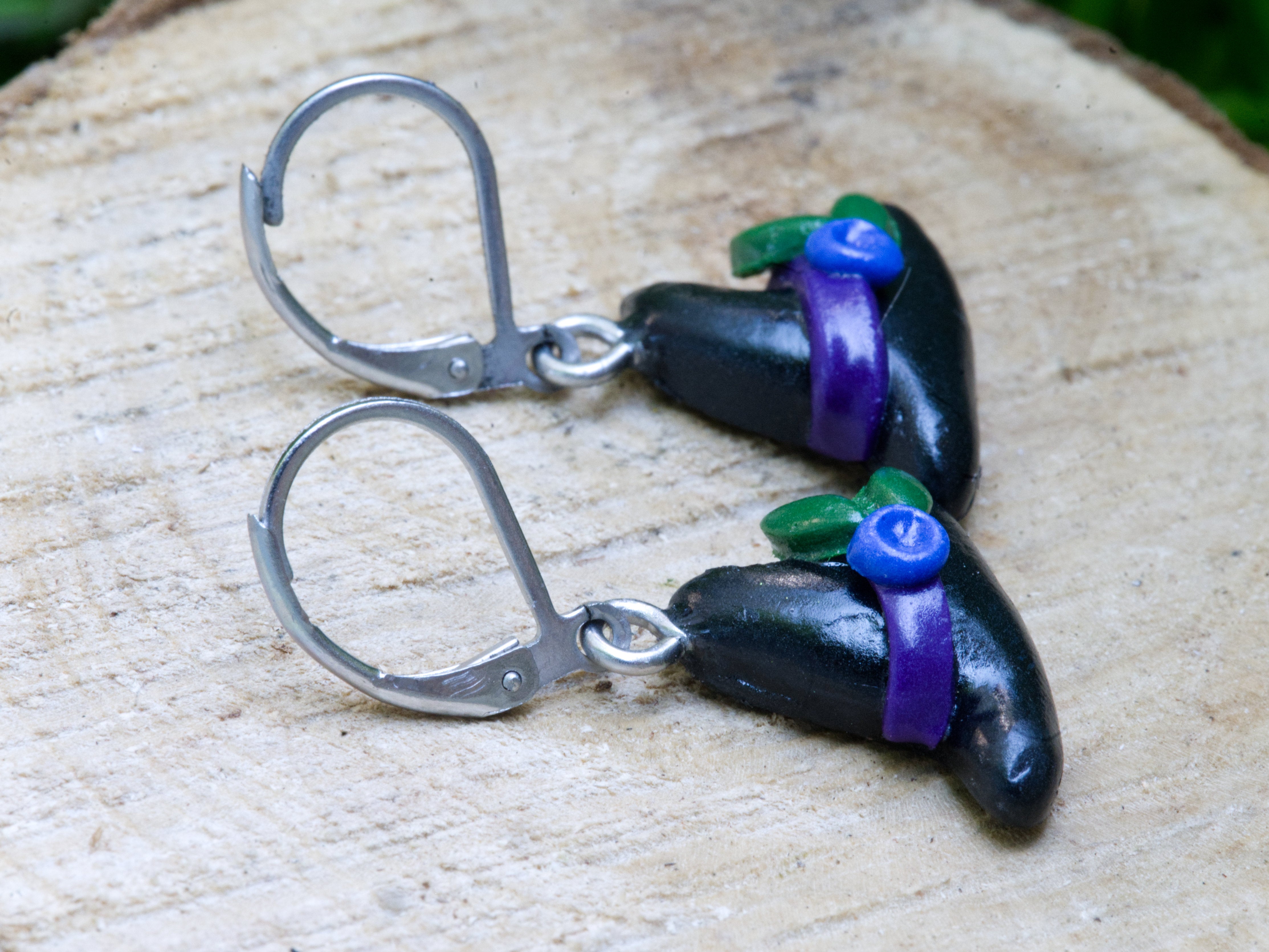 316 grade surgical steel leverback hook on black polymer clay witch hat earring
