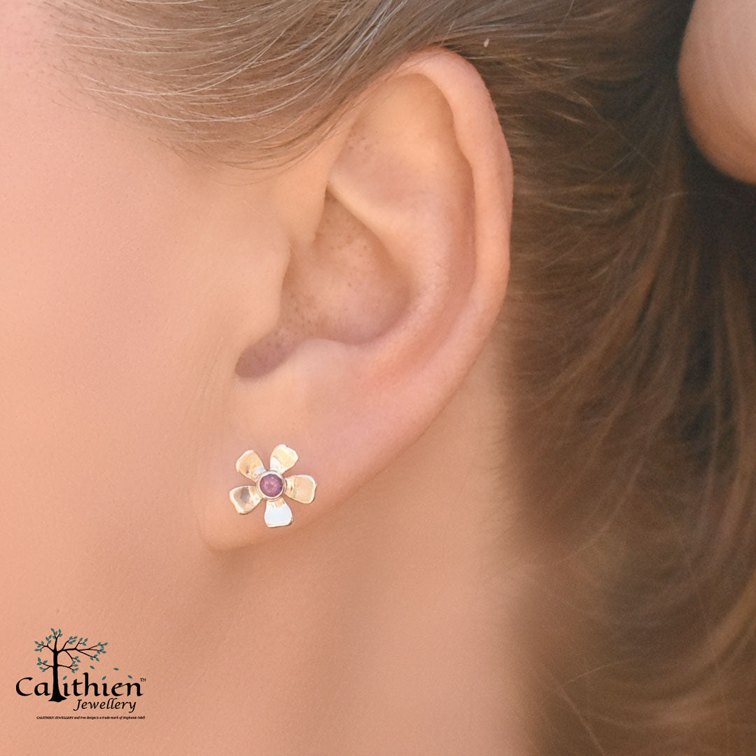 Silver Amethyst Flower Stud Earrings