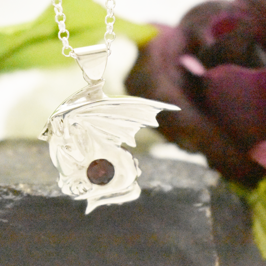 Silver Dragon Pendant with Garnet Gemstone