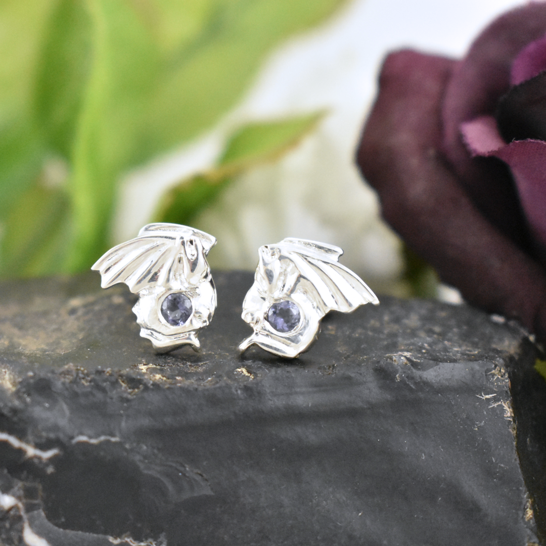 Silver Dragon Stud Earrings with Iolite Gemstones