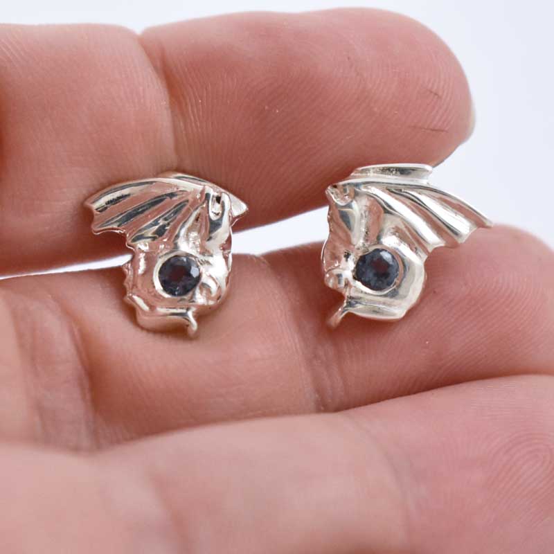 Silver Dragon Stud Earrings with Iolite Gemstones