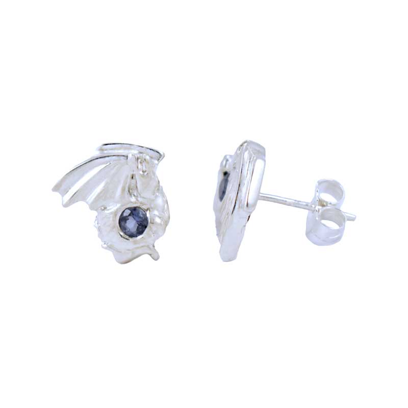 Silver Dragon Stud Earrings with Iolite Gemstones