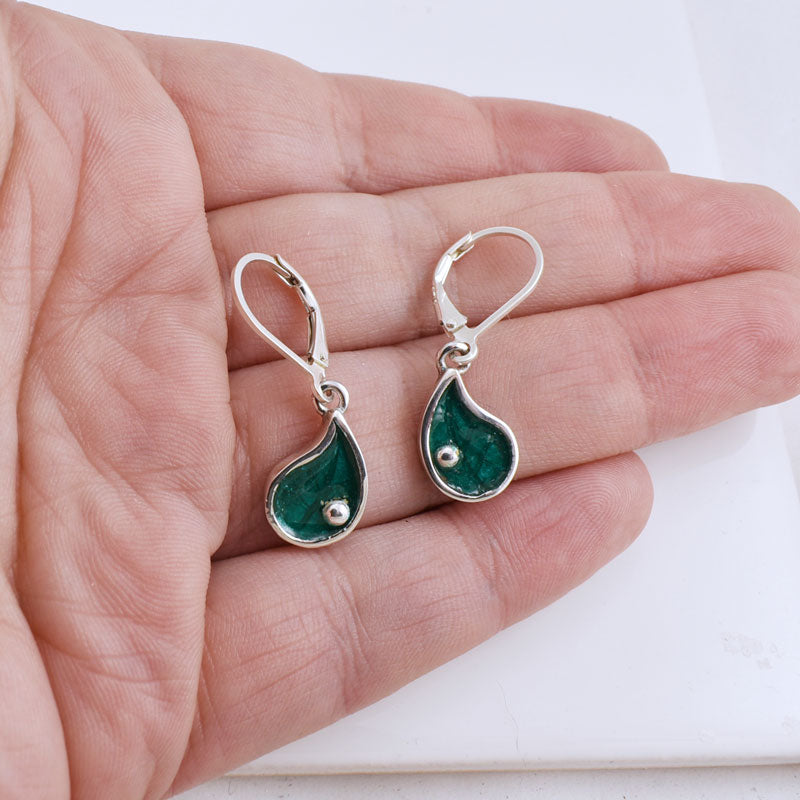 Fairy Door Earrings - Sterling Silver Leaf Earrings - Sea Green Enamel
