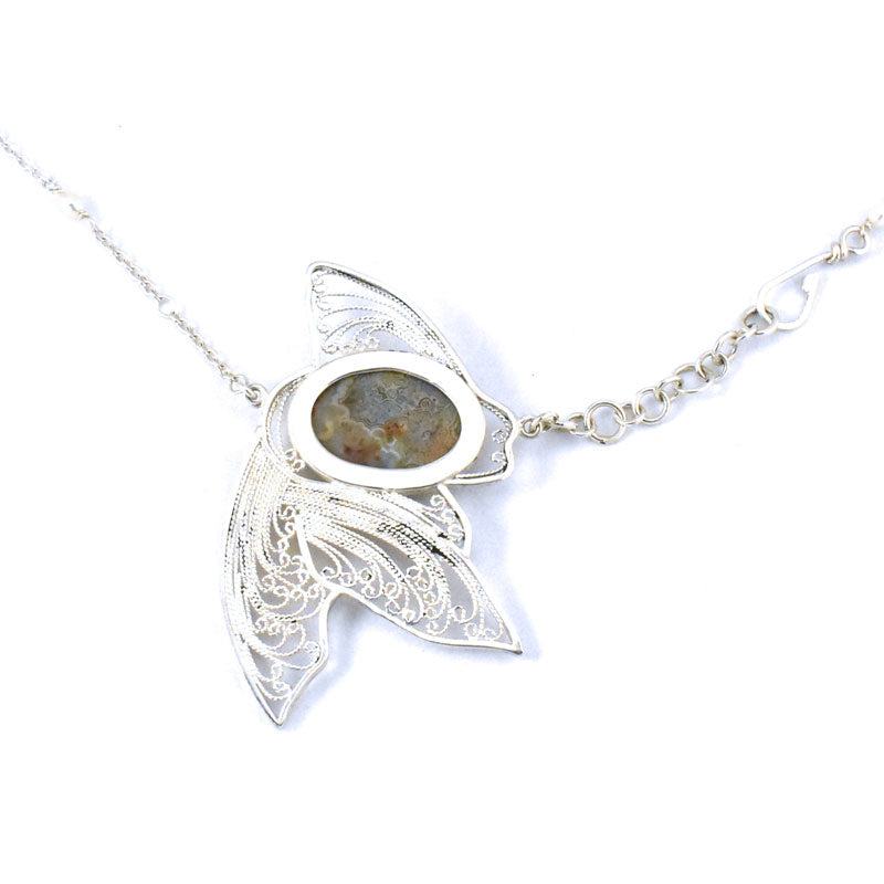 Filigree Fish Necklace with Crazy Lace Agate, 18k yellow gold