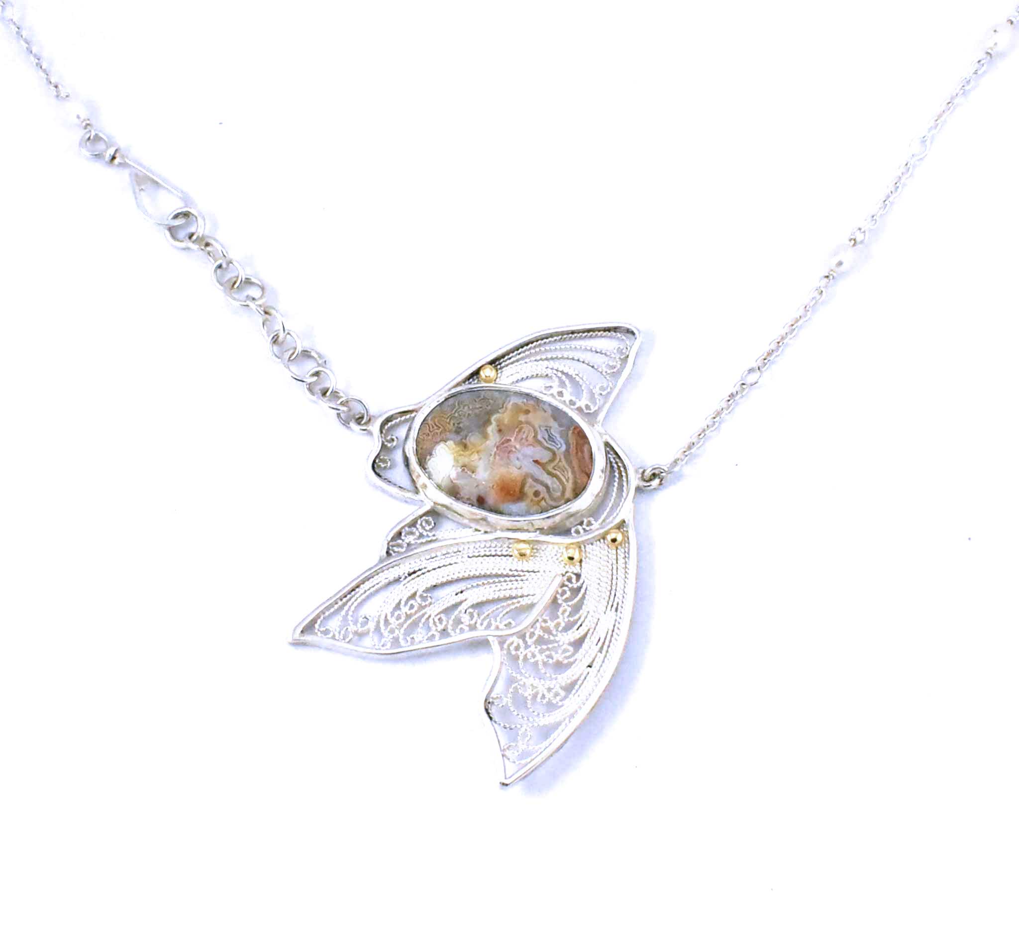 Filigree Fish Necklace with Crazy Lace Agate, 18k yellow gold