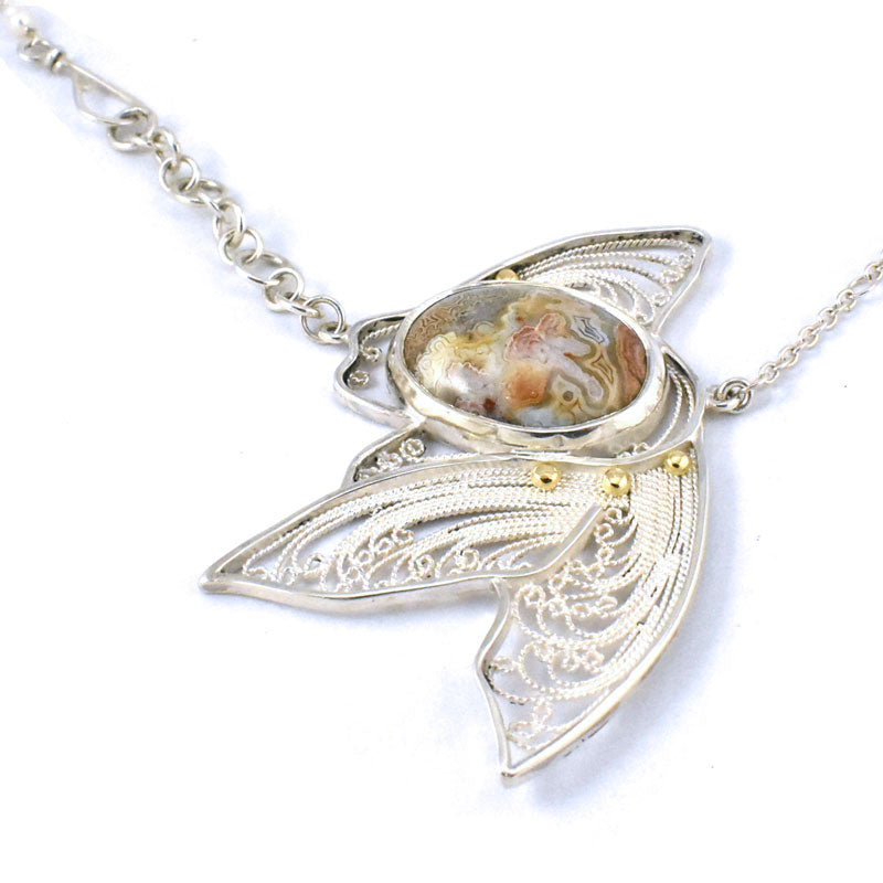 Filigree Fish Necklace with Crazy Lace Agate, 18k yellow gold