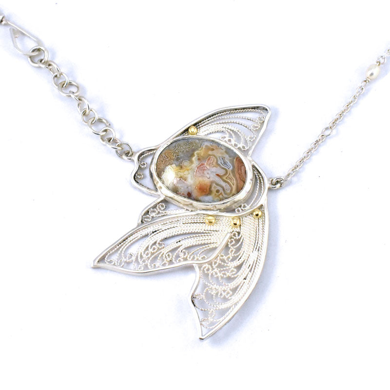 Filigree Fish Necklace with Crazy Lace Agate, 18k yellow gold