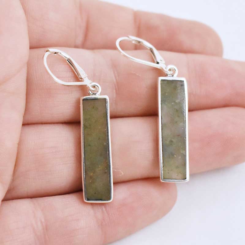 Green Aventurine Long Rectangle Earrings - Sterling Silver Gemstone Inlay Dangle Earrings