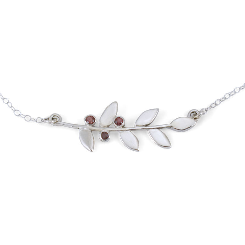 Silver and Pink Tourmaline Leaf and Flower Buds Necklace