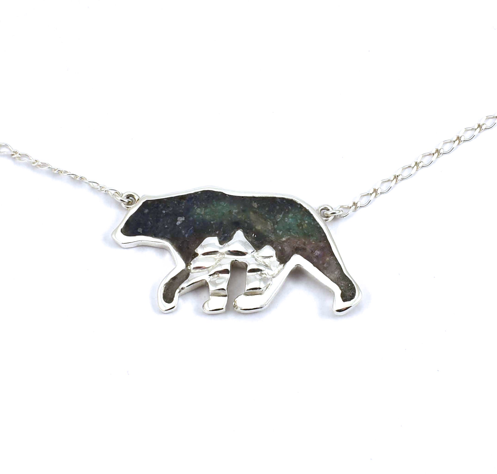 Silver Ursa Major Bear Pendant with Crushed Gemstone Inlay | Calithien