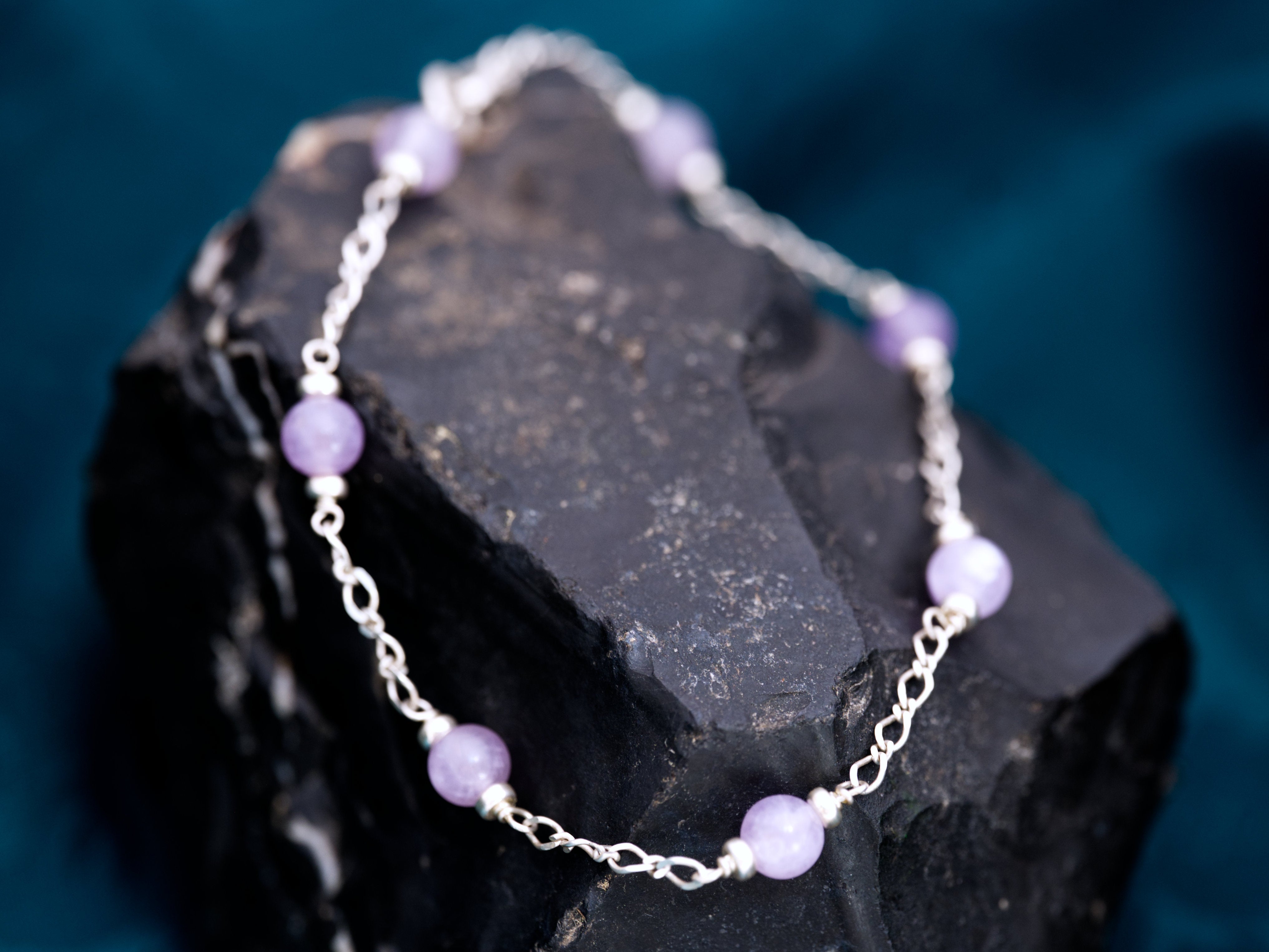 Amethyst Bead Bracelet —  Sterling Silver 8.5 Inch