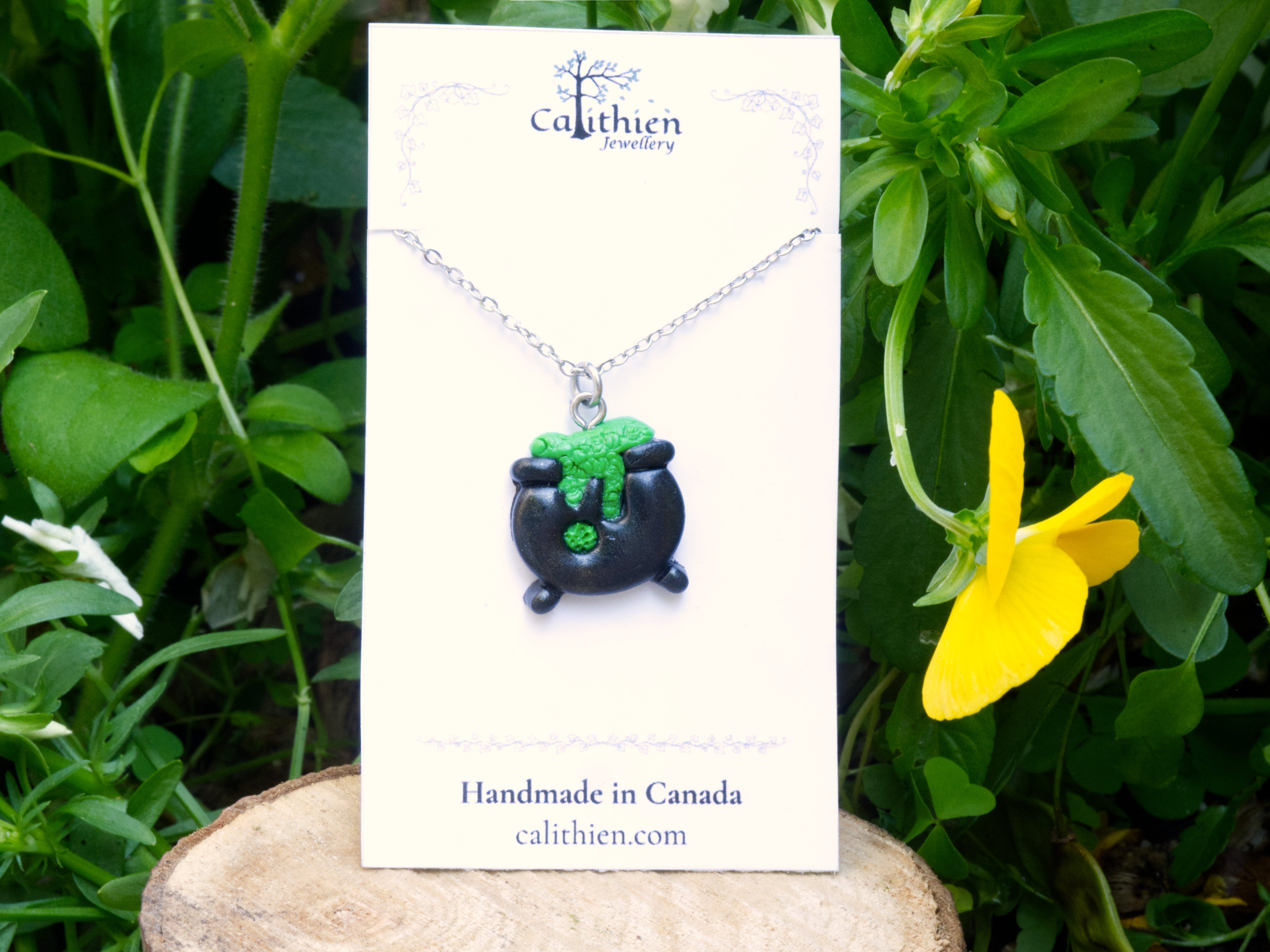 Cauldron pendant necklace on Calithien Jewellery branded display card reading Handmade in Canada