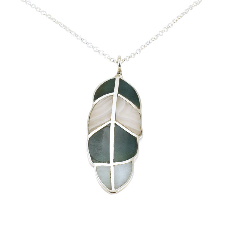 Feather Pendant - Sterling Silver Agate Jasper Gemstone Inlay Necklace