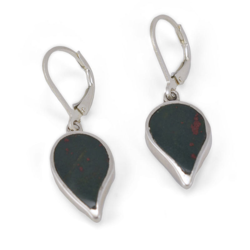 Handmade Bloodstone Inlay Leaf Earrings - Artisan Crafted Sterling Silver Jewellery