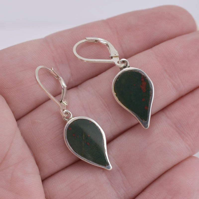 Handmade Bloodstone Inlay Leaf Earrings - Artisan Crafted Sterling Silver Jewellery