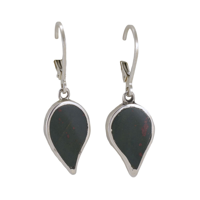 Handmade Bloodstone Inlay Leaf Earrings - Artisan Crafted Sterling Silver Jewellery