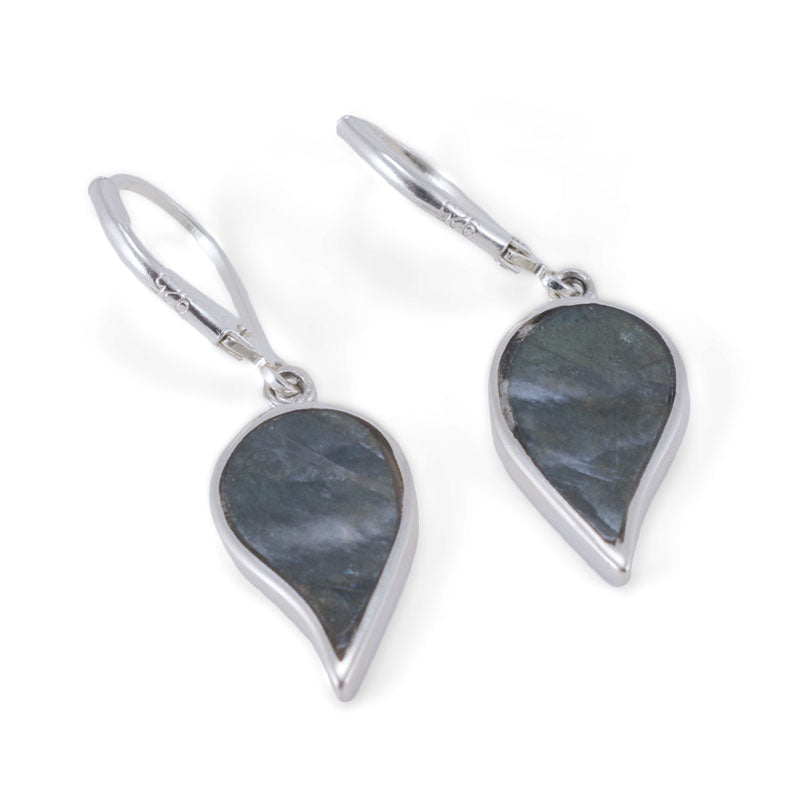 Handmade Labradorite Inlay Leaf Earrings in Sterling Silver