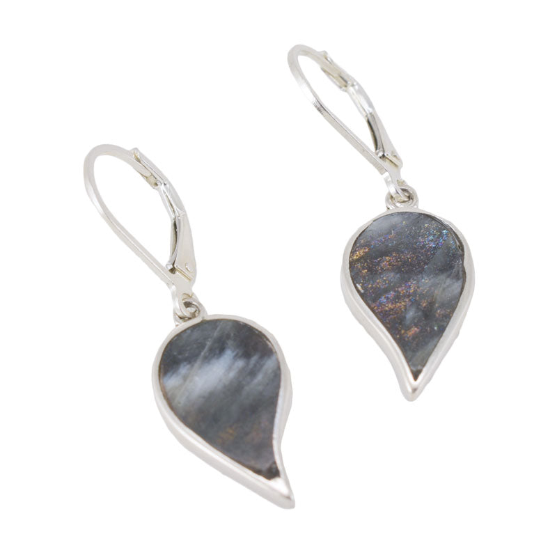 Handmade Labradorite Inlay Leaf Earrings in Sterling Silver