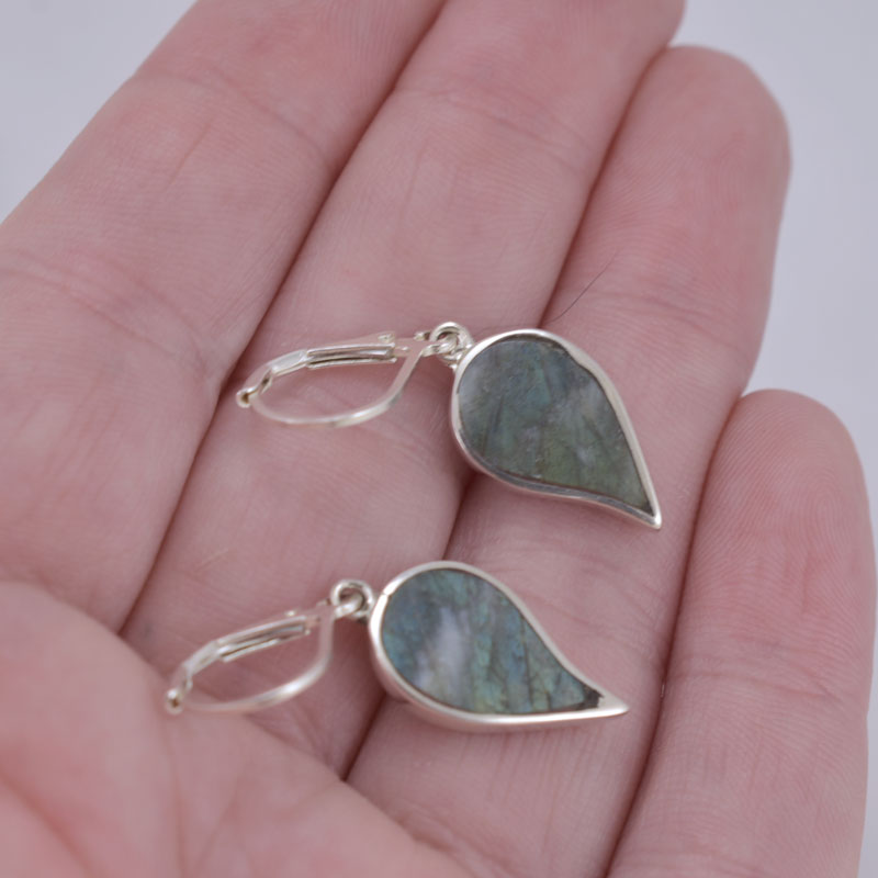 Handmade Labradorite Inlay Leaf Earrings in Sterling Silver