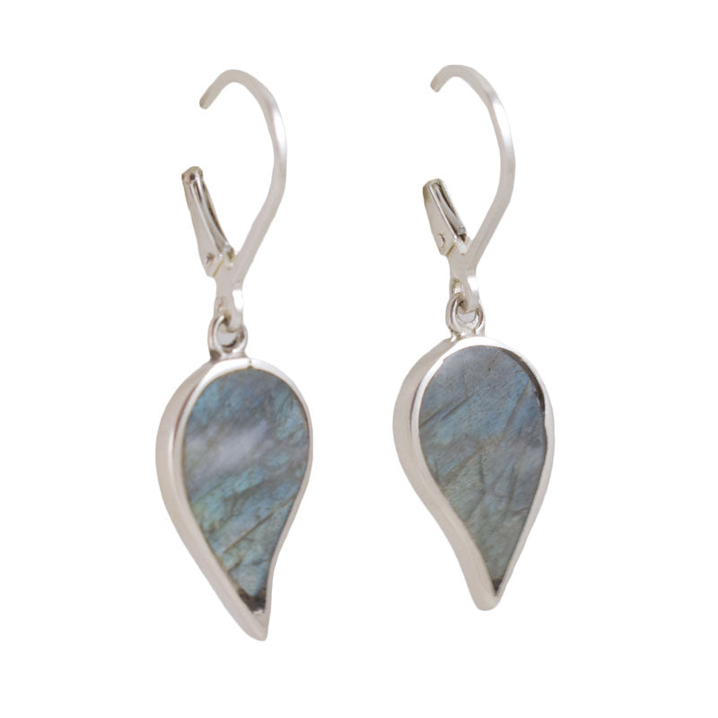 Handmade Labradorite Inlay Leaf Earrings in Sterling Silver