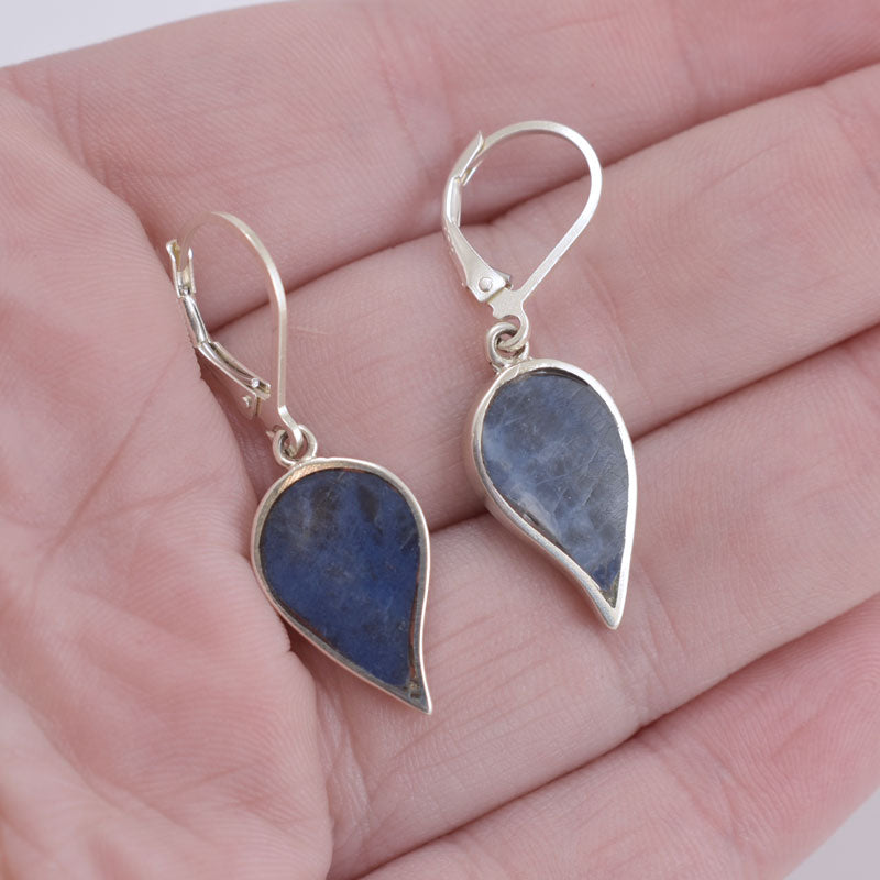 Handmade Sodalite Inlay Leaf Earrings Crafted in Sterling Silver