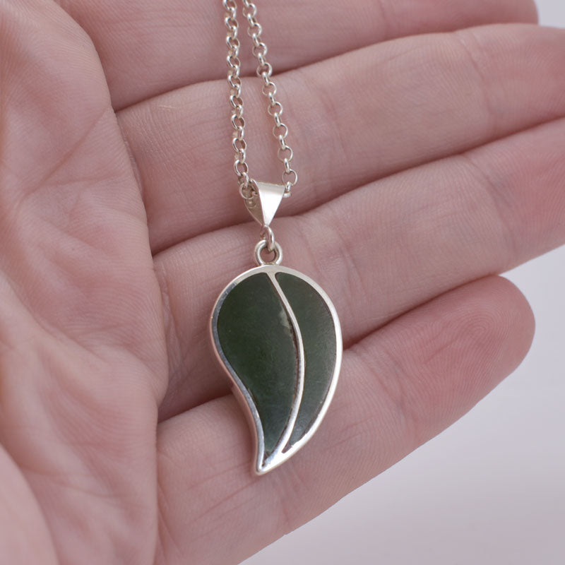 Handcrafted Sterling Silver Jade Inlay Leaf Necklace - Artisanal Gemstone Pendant