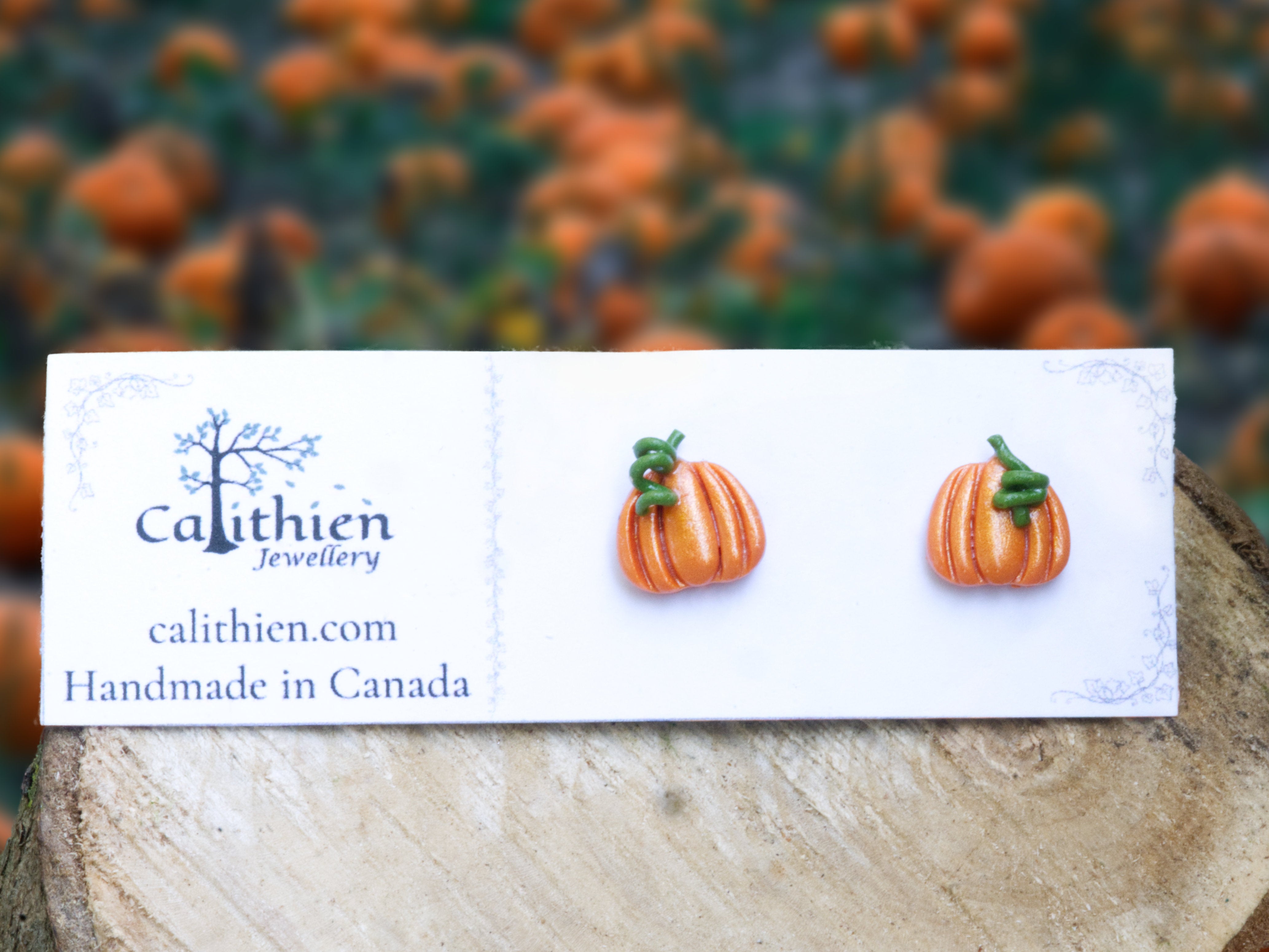 Handmade polymer clay pumpkin stud earrings presented on a branded jewellery card, displayed on a natural wooden surface with a pumpkin patch in the autumn background.