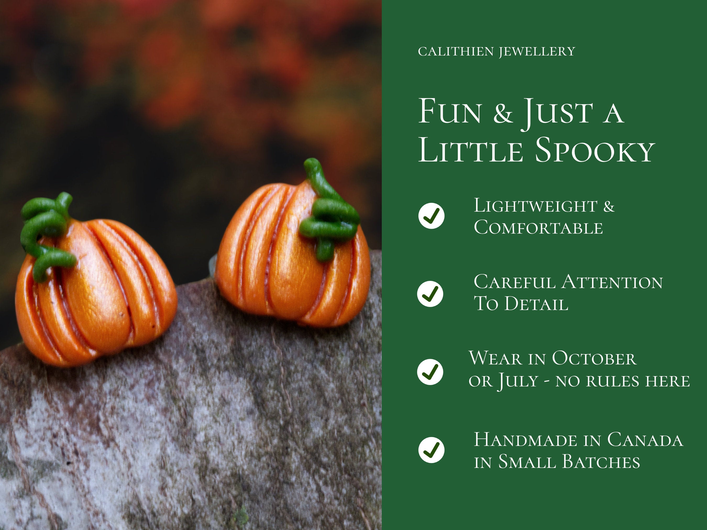 Handmade orange polymer clay pumpkin stud earrings displayed beside information about the shop's handmade jewellery and attention to detail.