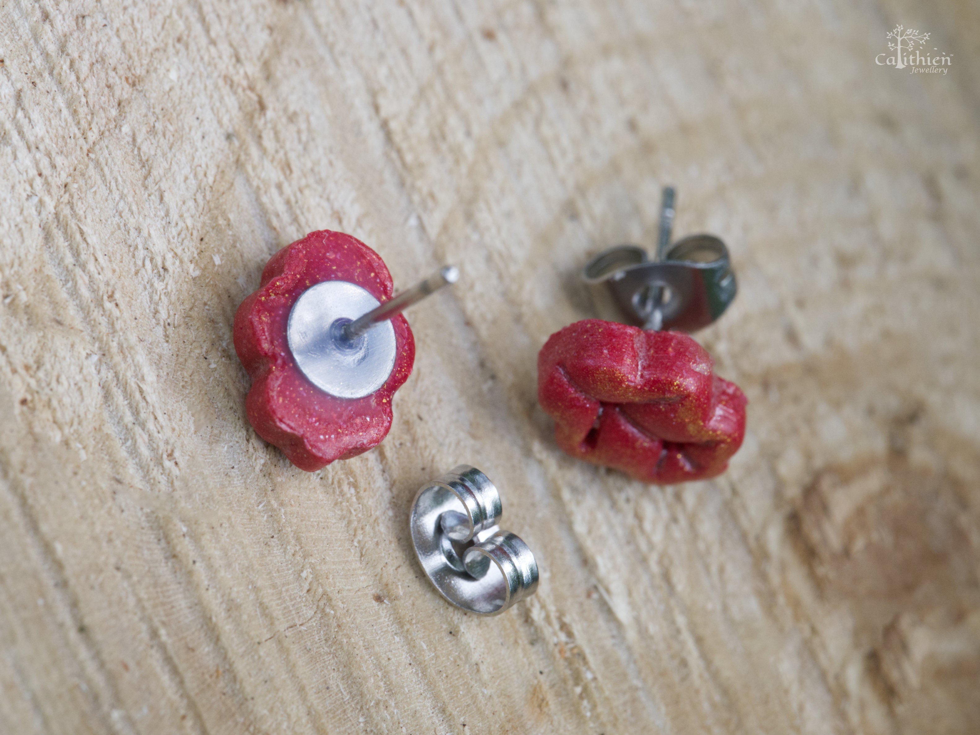 316 grade surgical steel earring post and butterfly back on red oak leaf stud