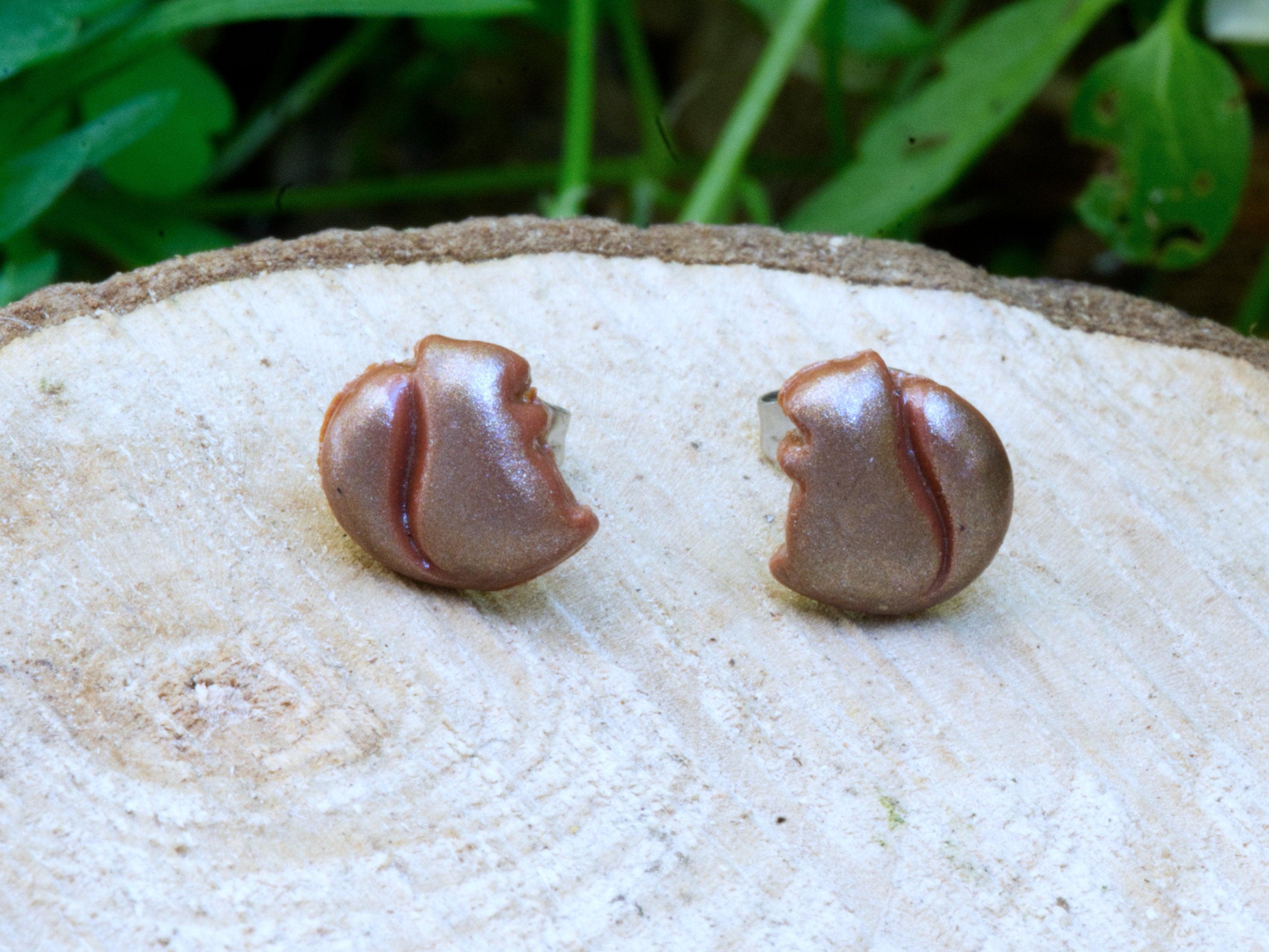 Pair of squirrel polymer clay stud earrings displayed side by side on wooden surface with soft green bokeh background