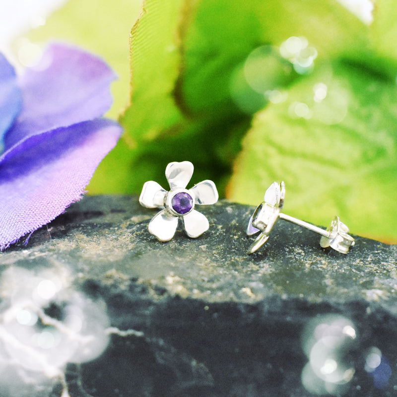 Silver Amethyst Flower Stud Earrings