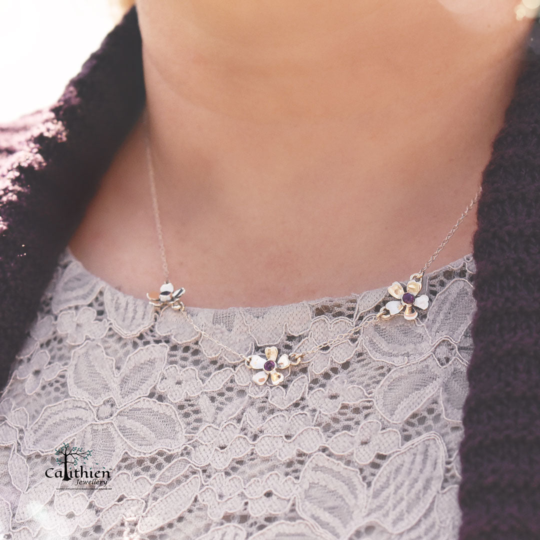Silver Amethyst Triple Flower Necklace