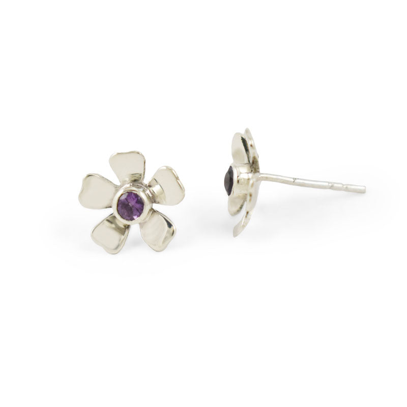 Silver Amethyst Flower Stud Earrings