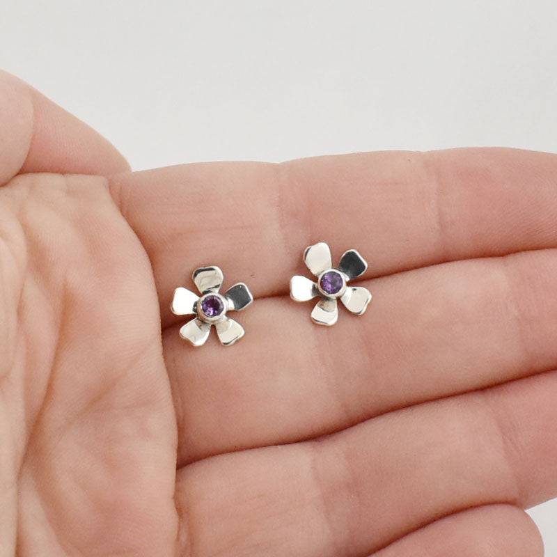 Silver Amethyst Flower Stud Earrings