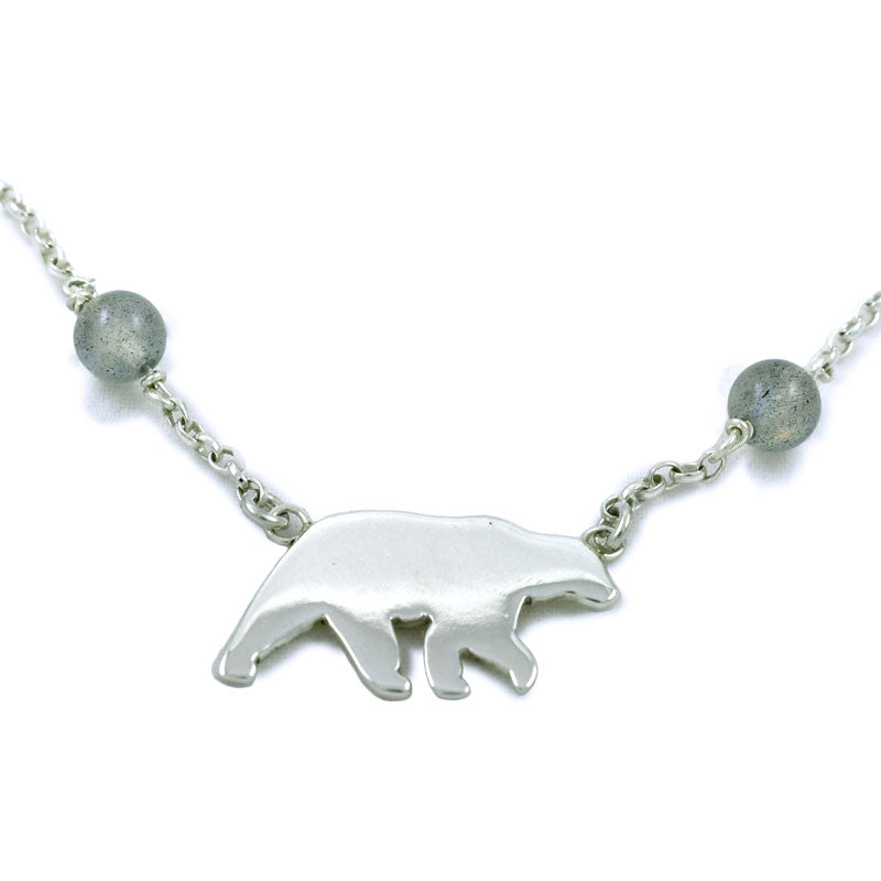 Aurora Bear Silhouette Necklace with Labradorite Stone Beads